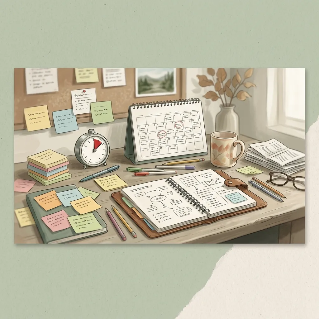 Рабочий стол с заметками, таймером и мягким хаосом как образ СДВГ у взрослых