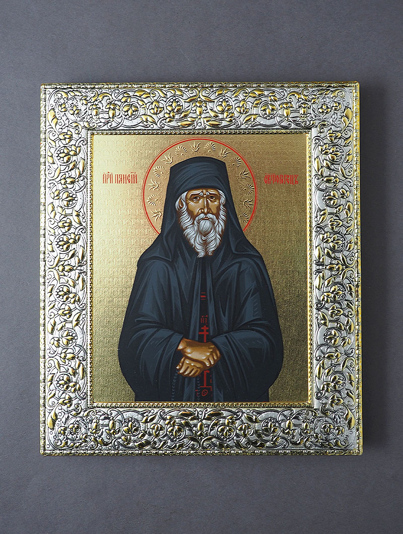 Икона прп. Паисия Святогорца в окладе, 178X207, ручная шелкография