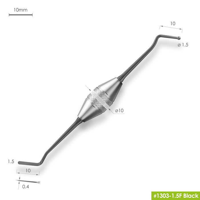 1303-1,5F Black Узкая гладилка с двухугловым штопфером-шариком Ø1.5mm. Эргономичная ручка Ø10mm. Покрытие Black