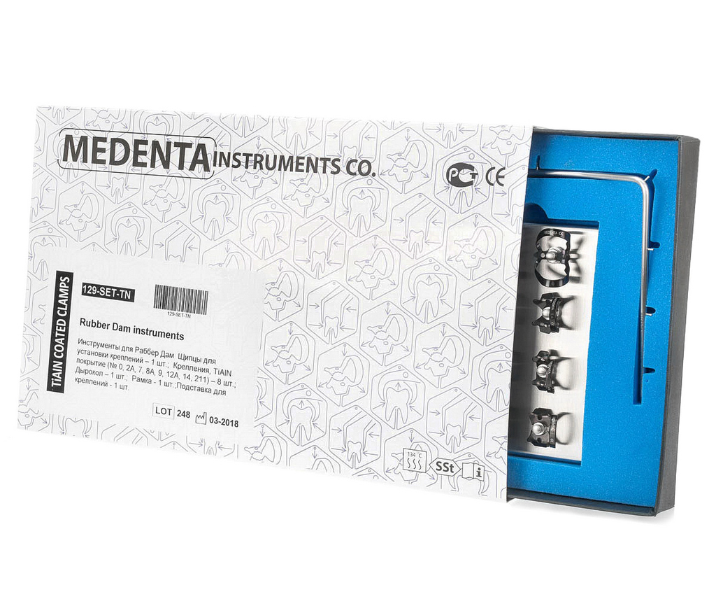 Medenta Rubber Dam Instruments TiAlN - комплект "Раббер Дам", 4 инструмента + 8 креплений с алюминий-титан-нитридным покрытием