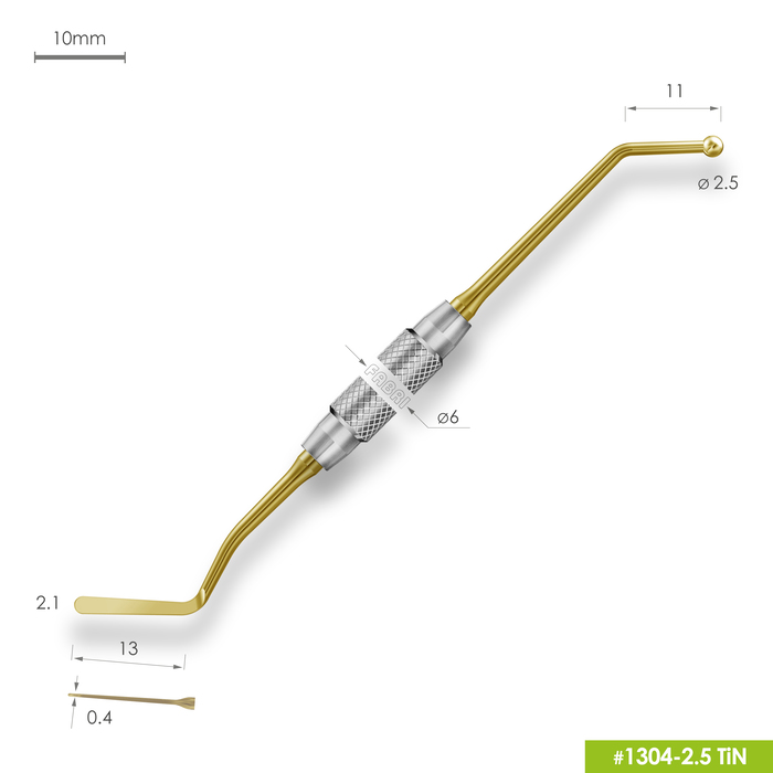 1304-2,5 TiN Удлиненная средняя гладилка с штопфером-шариком Ø2.5mm. Ручка Ø6mm. Покрытие Gold