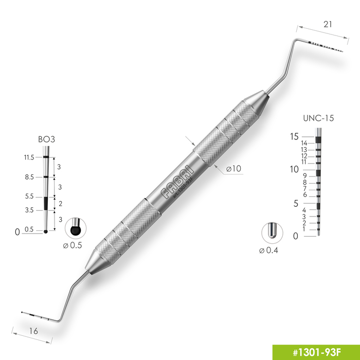 1301-93F Двухсторонний пародонтологический мерный зонд. Шкалы ВОЗ+UNC-15. Эргономичная ручка Ø10мм