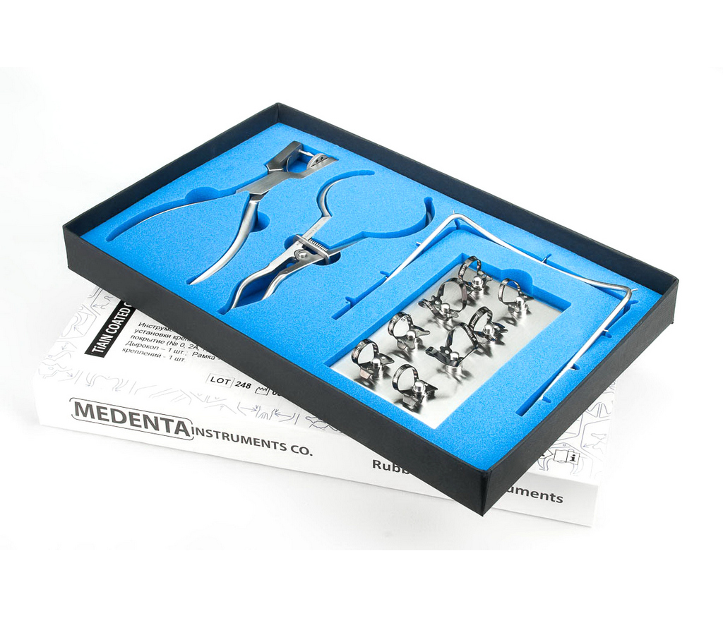 Medenta Rubber Dam Instruments TiAlN - комплект "Раббер Дам", 4 инструмента + 8 креплений с алюминий-титан-нитридным покрытием