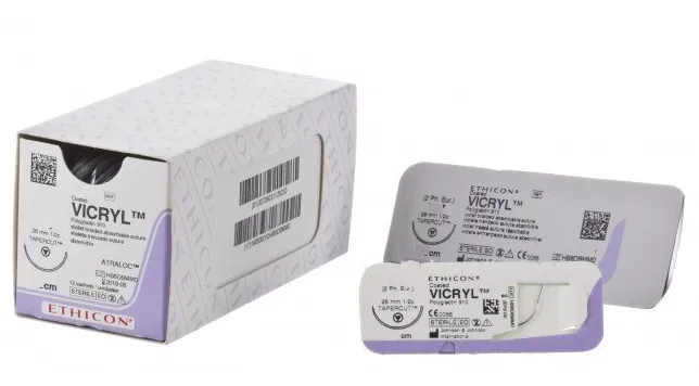 Шовный материал рассасывающийся, Johnson&Johnson, Викрил 3/0, 12шт, 45см, игла 26мм 3/8 режущая, обратная