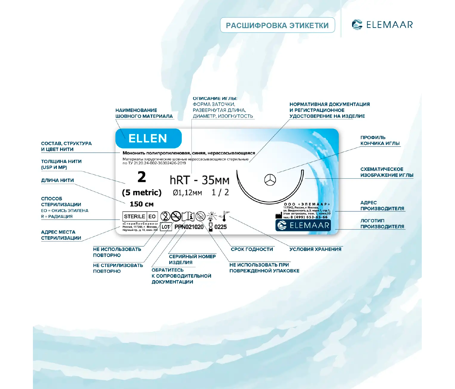 Elemaar ELNYLON 5/0 - шовный материал, 75 см, 1/2, 16 мм, колющая, 12 шт.