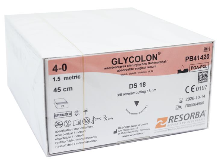 Гликолон (фиолетовый) шовный материал L=45см USP 4/0 DS 18 24шт/уп RESORBA