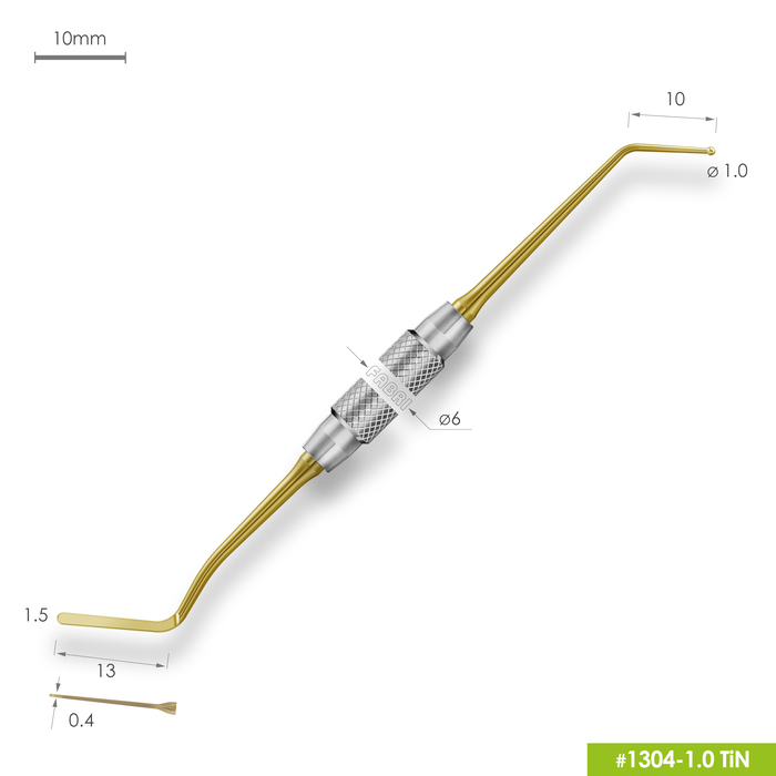 1304-1,0 TiN Удлиненная узкая гладилка с штопфером-шариком Ø1.0mm. Ручка Ø6mm. Покрытие Gold