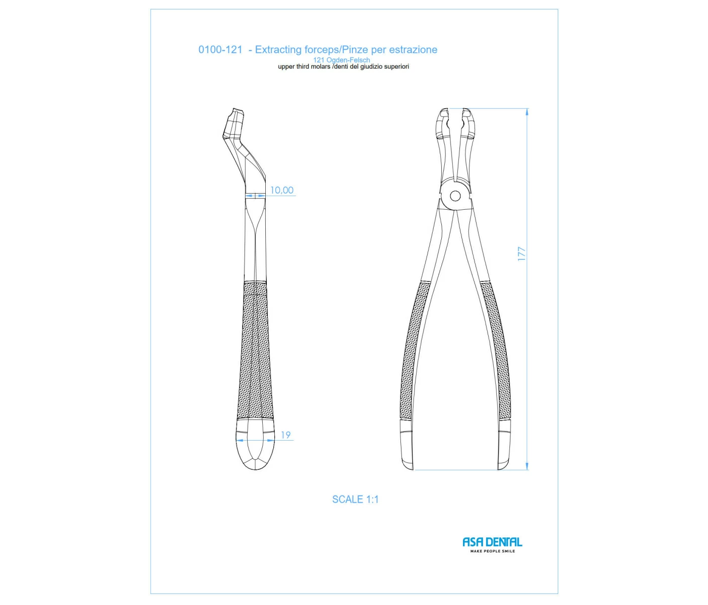 Asa Dental N121 - щипцы для удаления зубов, для верхних моляров, с зубчиками