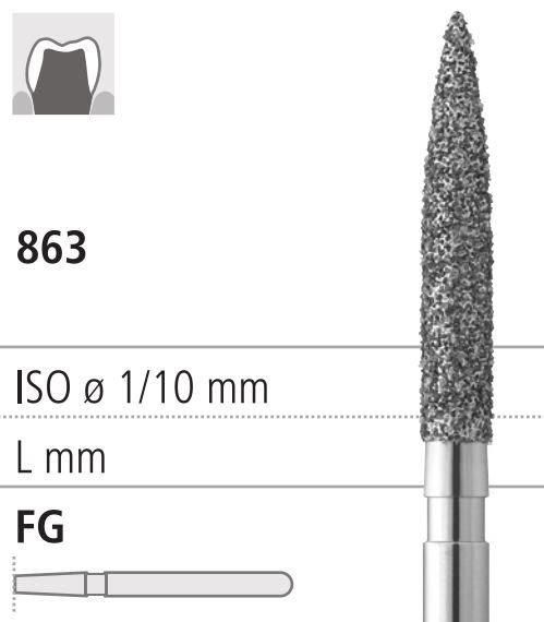 Боры стоматологические алмазные FG 863/016, 6шт. ISO код 314250524016, арт: FG505L/6