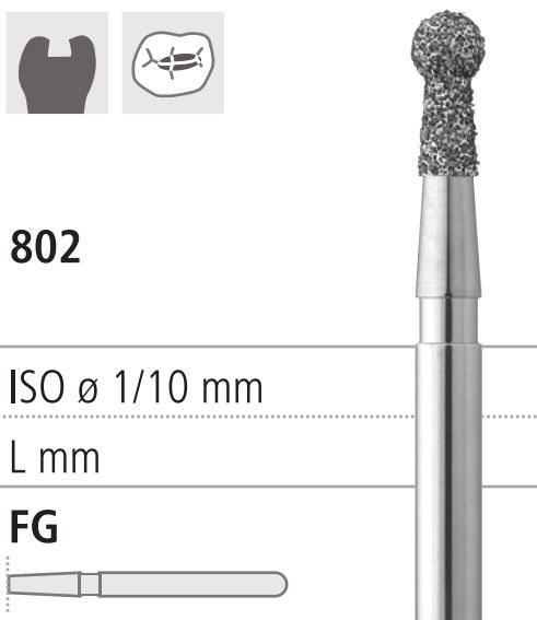 Боры стоматологические алмазные FG 802/012, 6шт. ISO код 314002524012, арт: FG300/6