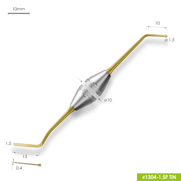 1304-1,5F TiN Удлиненная узкая гладилка с штопфером-шариком Ø1.5mm. Эргономичная ручка Ø10mm. Покрытие Gold