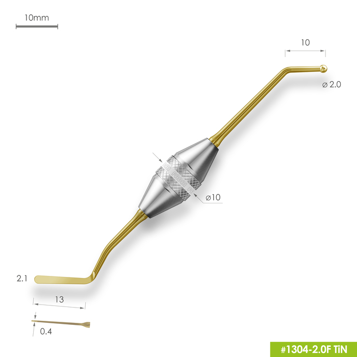 1304-2,0F TiN Удлиненная средняя гладилка с штопфером-шариком Ø2.0mm. Эргономичная ручка Ø10mm. Покрытие Gold
