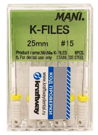 K-Файлы Mani №15 25 мм, ручные эндодонтические инструменты 6 шт