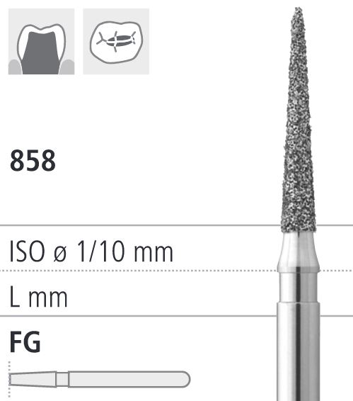 Боры стоматологические алмазные FG 858/012, 6шт. ISO код 314165524012., арт: FGD2/6
