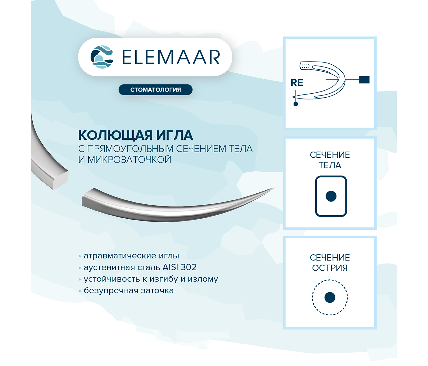 Elemaar ELNYLON 5/0 - шовный материал, 75 см, 3/8, 13 мм, колющая игла с квадратным телом, 12 шт.