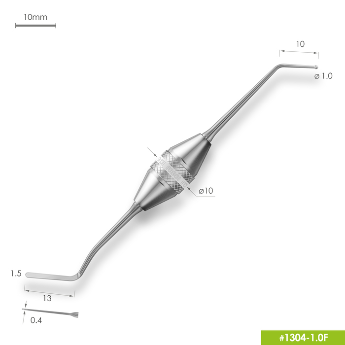 1304-1,0F Удлиненная узкая гладилка с штопфером-шариком Ø1.0mm. Эргономичная ручка Ø10mm