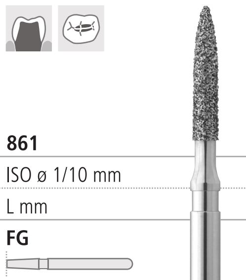 Боры стоматологические алмазные FG 861/010, белый, 6шт. ISO код 314248514010., арт: FG3205L/6