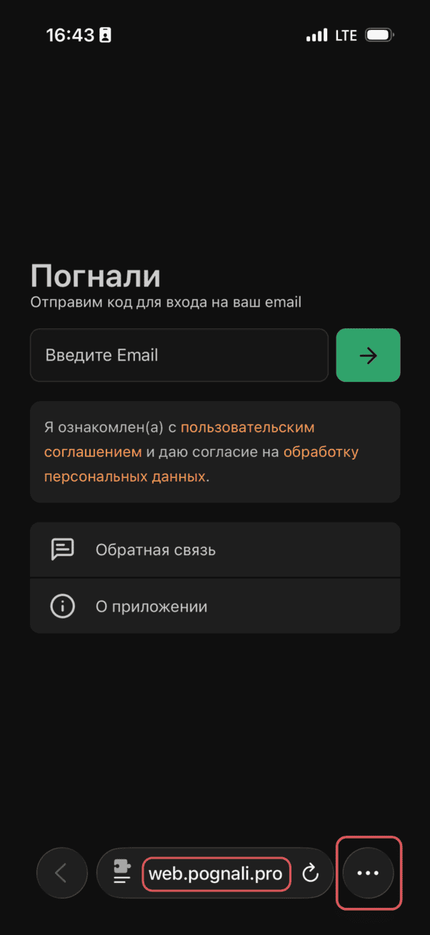 Откройте веб-версию Погнали в Safari на iPhone