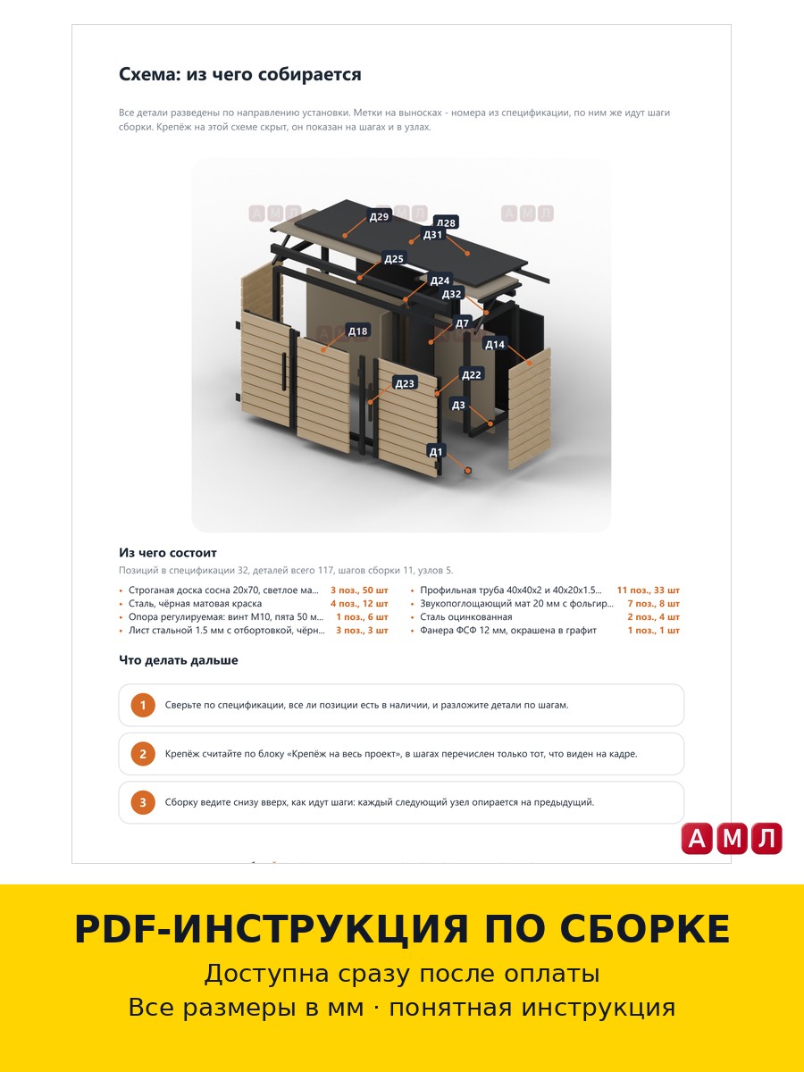Премиум проект чертеж Шумоизоляционный кожух-шкаф для генератора и компрессора 1,6x0,55 м