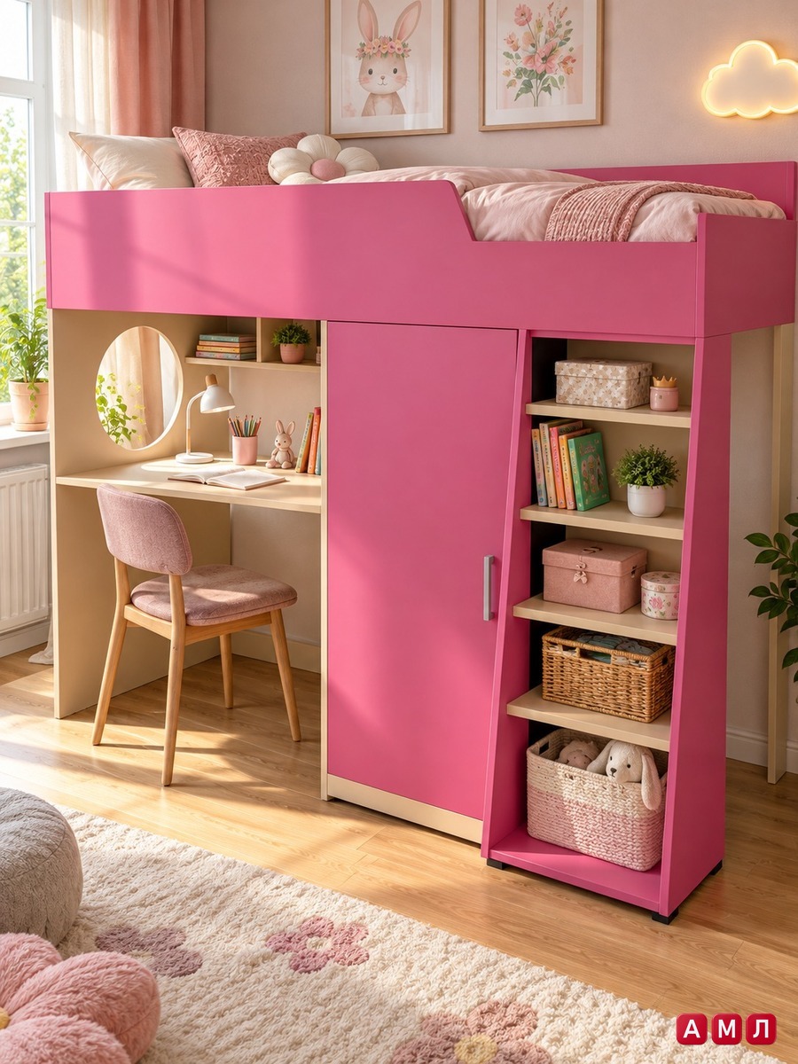Кровать чердак Легенда со шкафом, детский стол