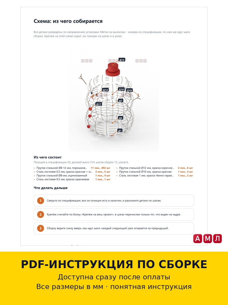 Проект чертеж Снеговик из металла, каркас