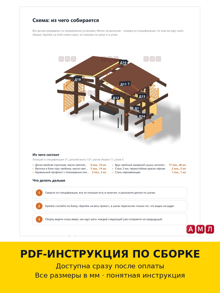 Проект чертеж навес для мангала из дерева 320х180 см.