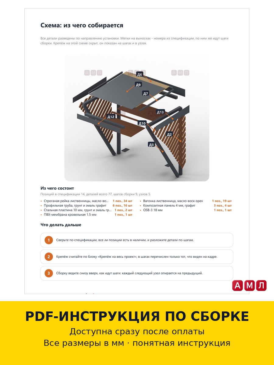 Проект чертеж Козырек крыша над дверью 2x2x3м