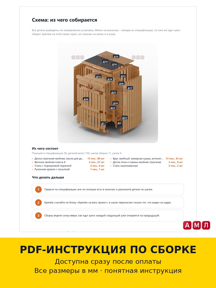 Премиум проект чертеж мобильная уличная каркасная раздевалка кабинка из дерева для пляжа - постер, раскрой досок, слои заполнения и пошаговая схема сборки