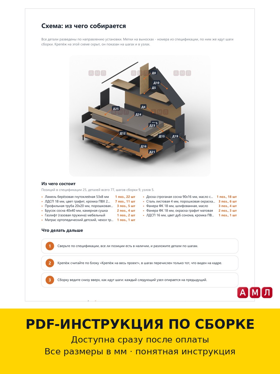 Премиум проект чертеж Шкаф-кровать подъёмная детская 70x160 горизонтальная в стиле барнхаус, домик