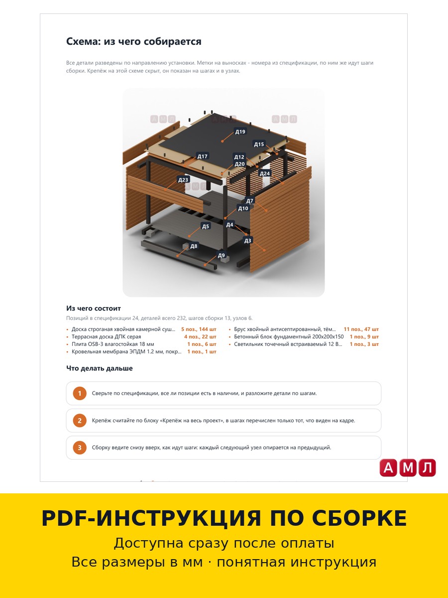 Проект чертеж пергольная беседка навес из ламелей 3х3 метра