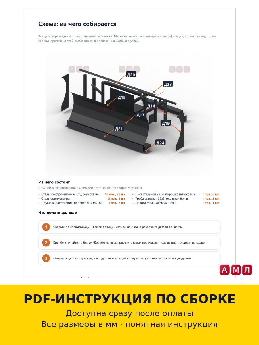 Проект чертеж Быстросъемный снегоотвал с универсальной площадкой ковш для квадроцикла