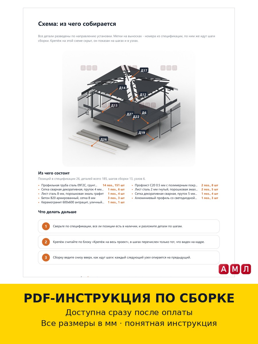Премиум проект чертеж металлокаркасная открытая беседка 4х4 метра с крышей-пирамидой построить