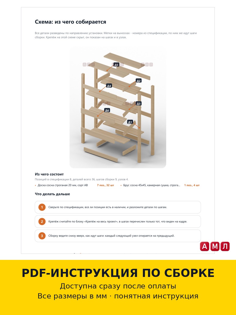 Премиум проект чертеж Стеллаж витрина: торговый деревянный стеллаж с наклонными полками построить