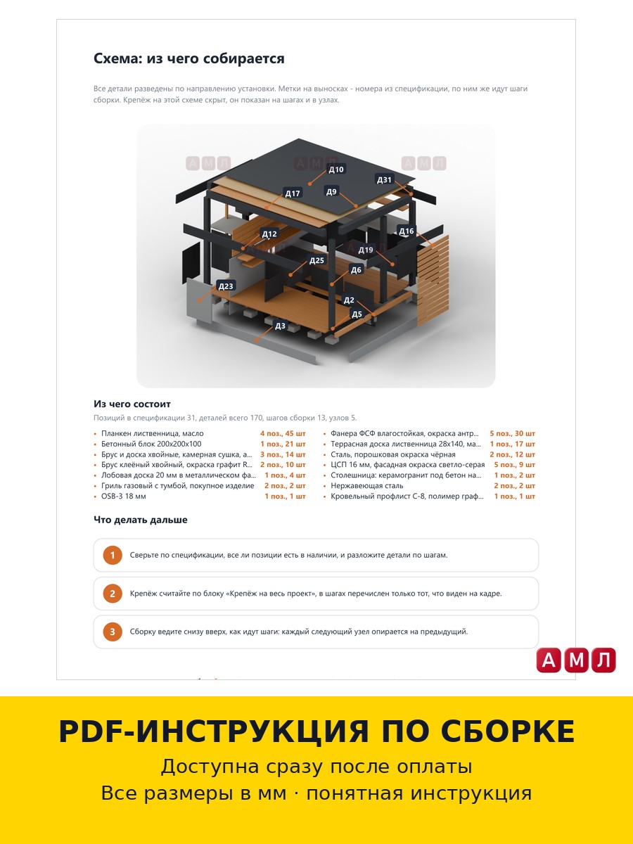 Проект чертеж летняя кухня с навесом 3х2.5 метра