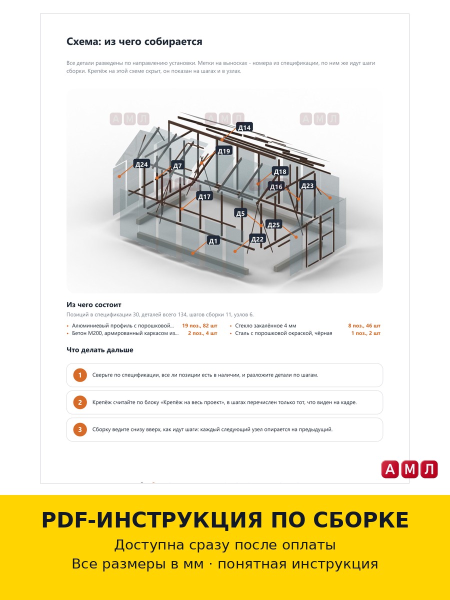 Премиум проект чертеж Стеклянная теплица 5х3 метра построить