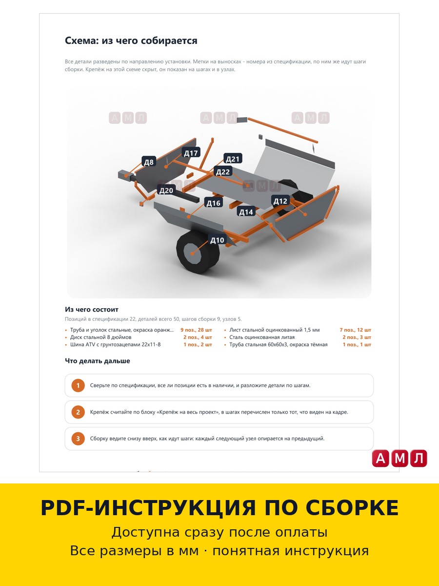 Проект чертеж металлический прицеп для квадроцикла 500 кубов ATV