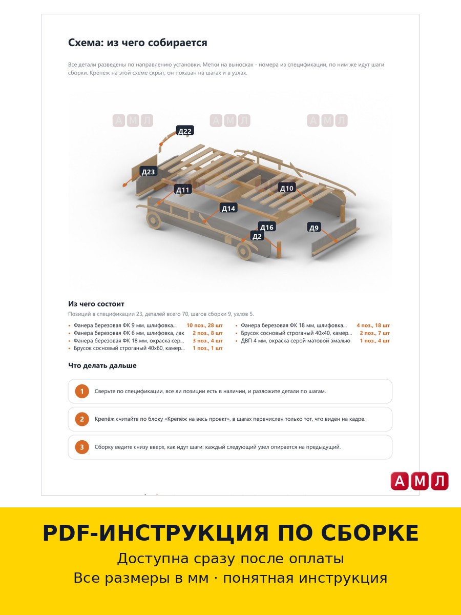 Проект чертеж Детская кровать-машина из дерева
