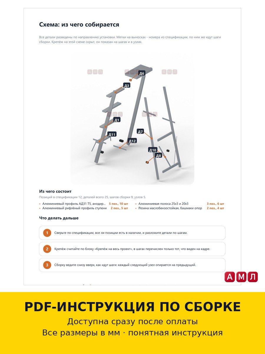 Премиум проект чертеж Стремянка алюминиевая 1.5 метра двухсторонняя лестница 5 ступеней складная построить