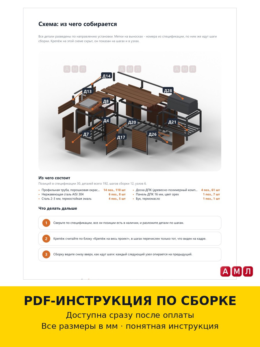 Проект чертеж угловая открытая кухня на улицу с мангалом