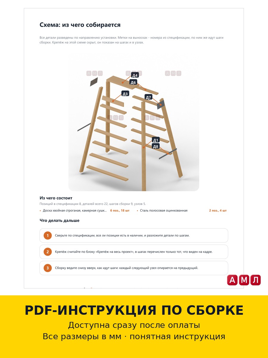 Премиум проект чертеж Лестница стремянка 2 метра деревянная складная для сада и огорода