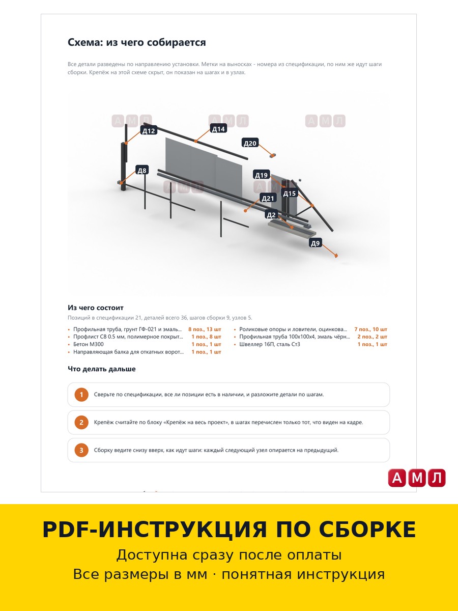 Проект чертеж откатные ворота 4 метра из профильной трубы
