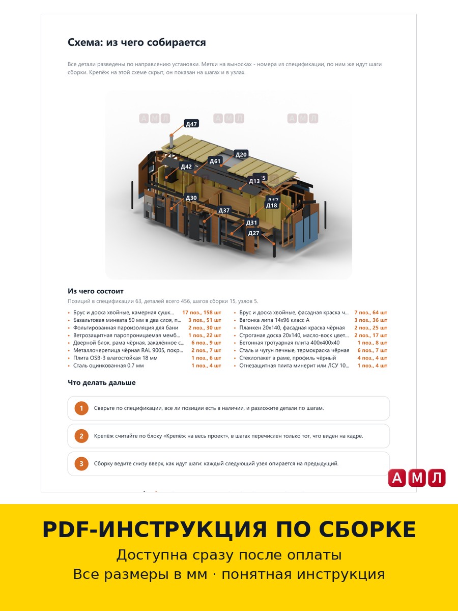 Проект чертеж Баня каркасная 7х2.2 метра для дачи