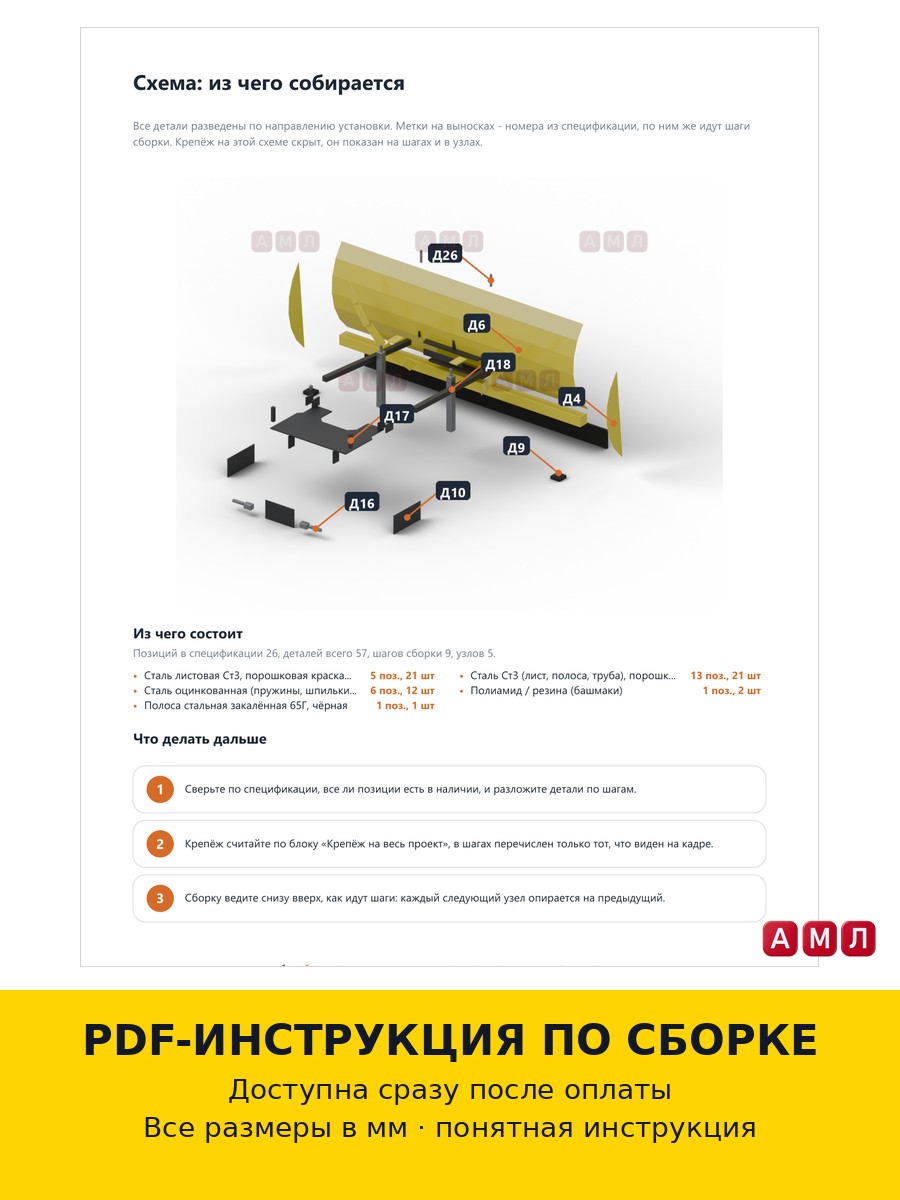 Проект чертеж снегоотвал для квадроцикла ATV с универсальной площадкой ковш для снега отвал