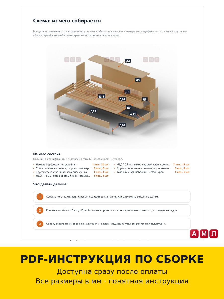 Премиум проект чертеж Шкаф-кровать горизонтальная трансформер с подъемным механизмом сделать