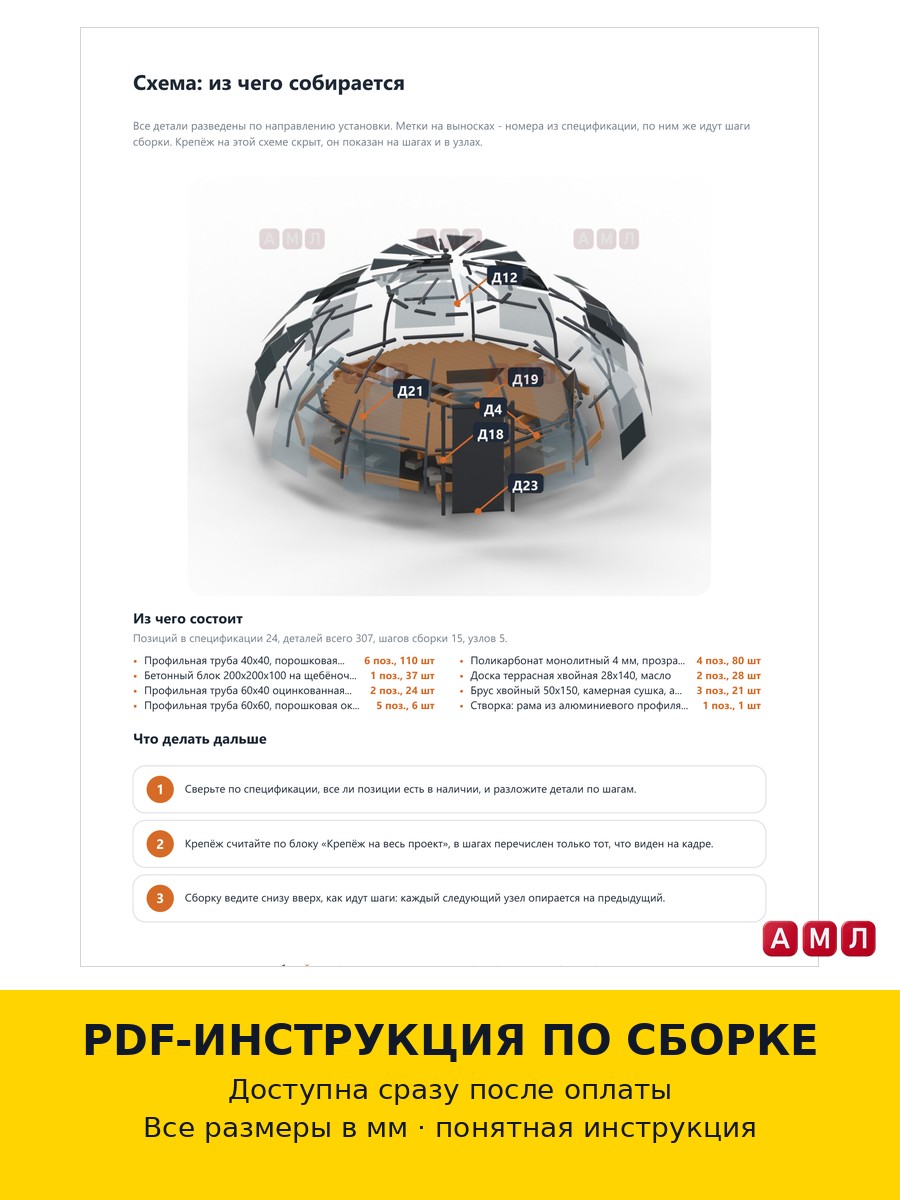 Премиум проект чертеж Геодезический купол фуллера, шатер беседка круглая теплица изготовить