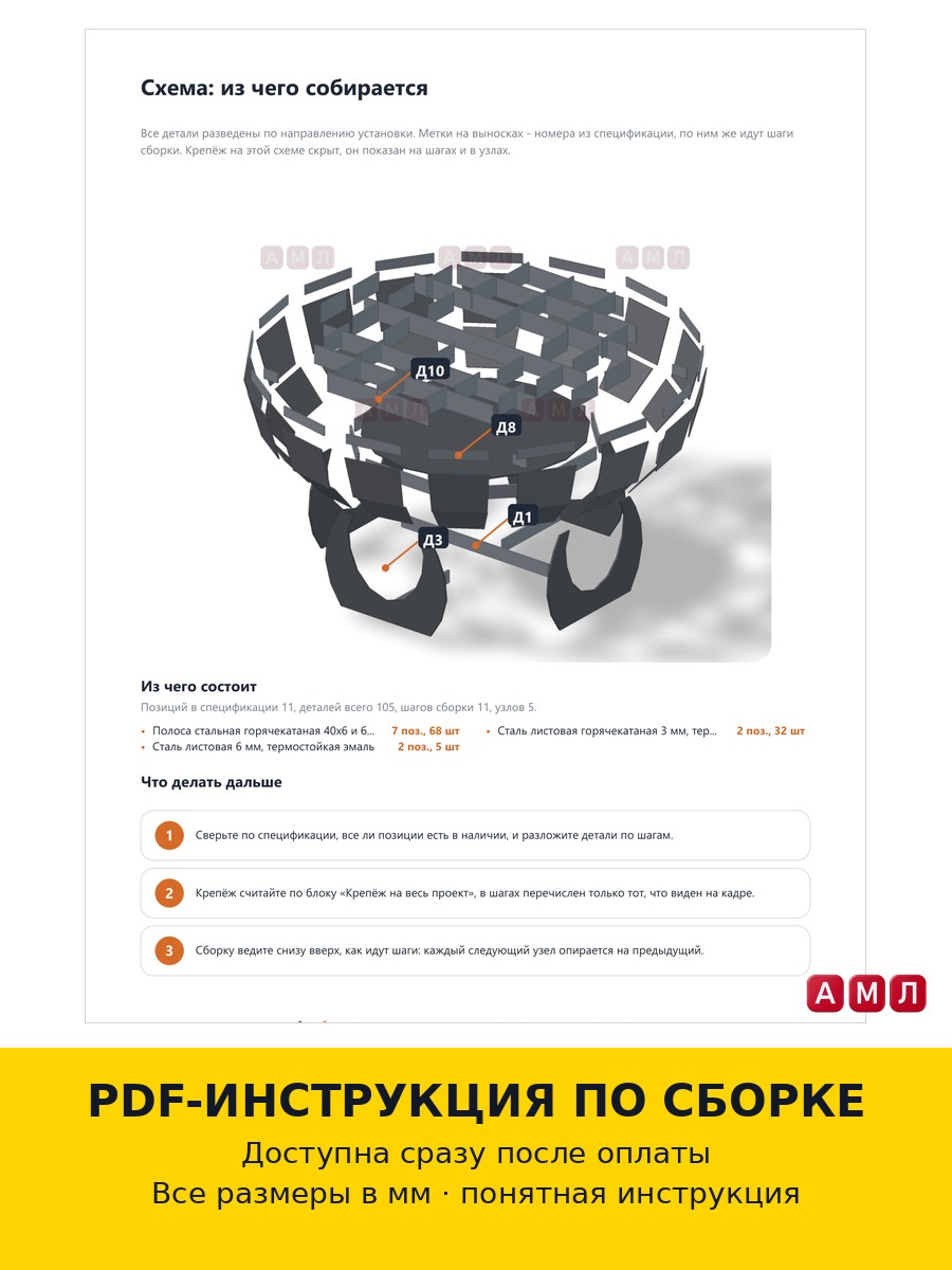 Проект чертеж круглая костровая чаша Сфера диаметром 90 см