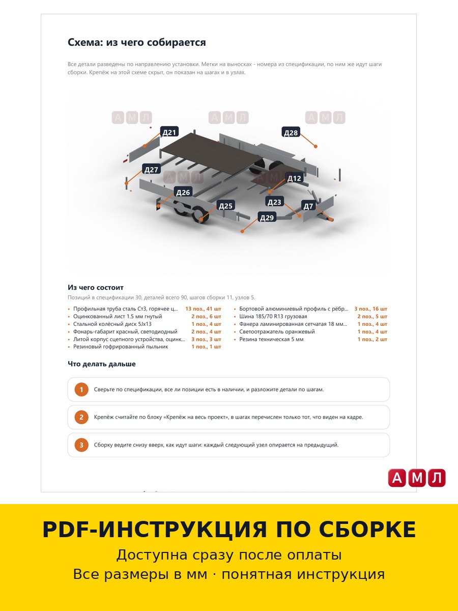 Проект чертеж Прицеп платформенный для перевозки снегохода, 2 квадроциклов двухосный