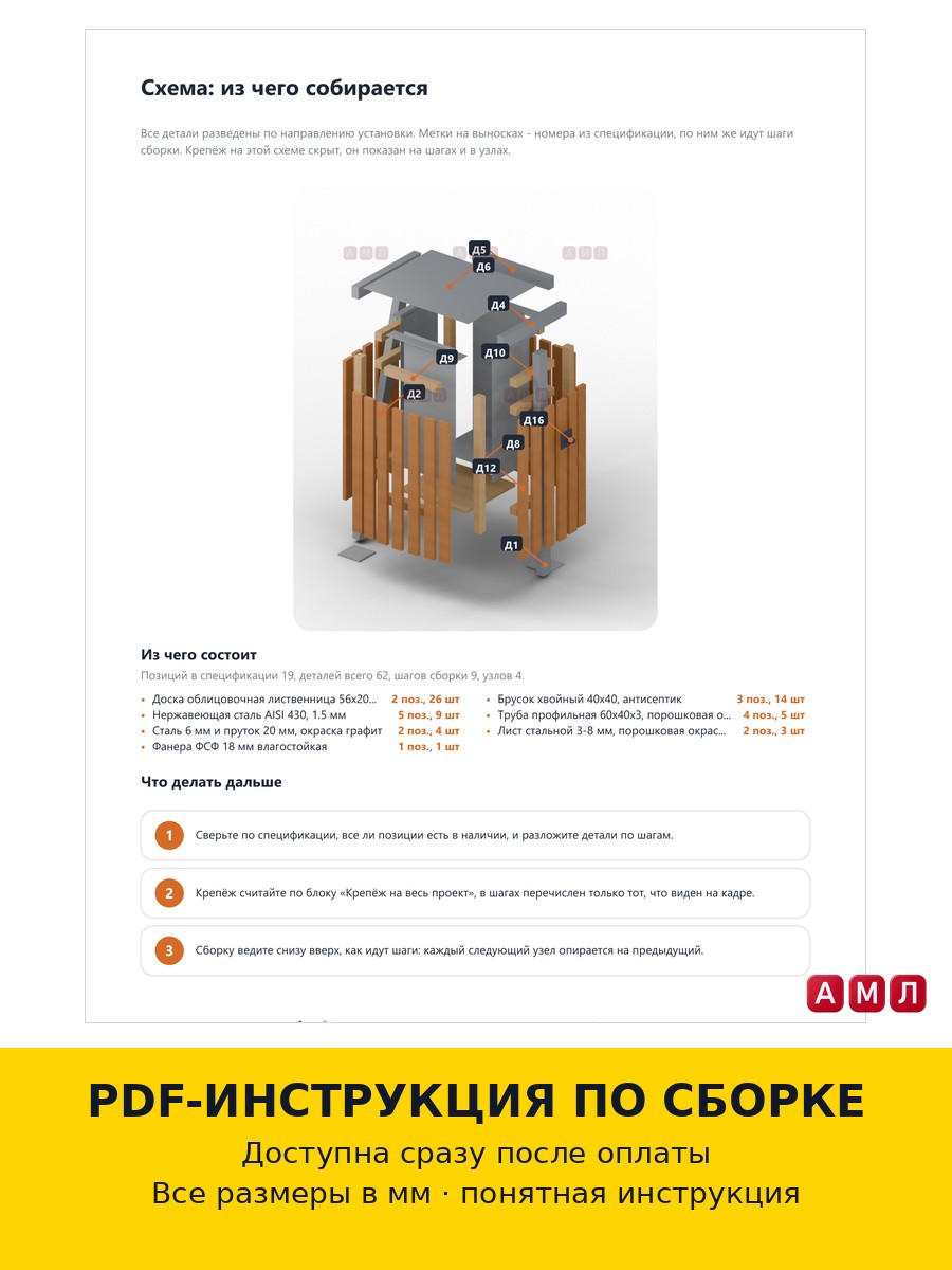 Проект чертеж уличная мусорная урна с навесом и облицовкой