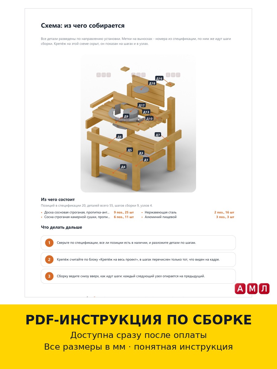 Проект чертеж садовая раковина-мойка из дерева для дачи