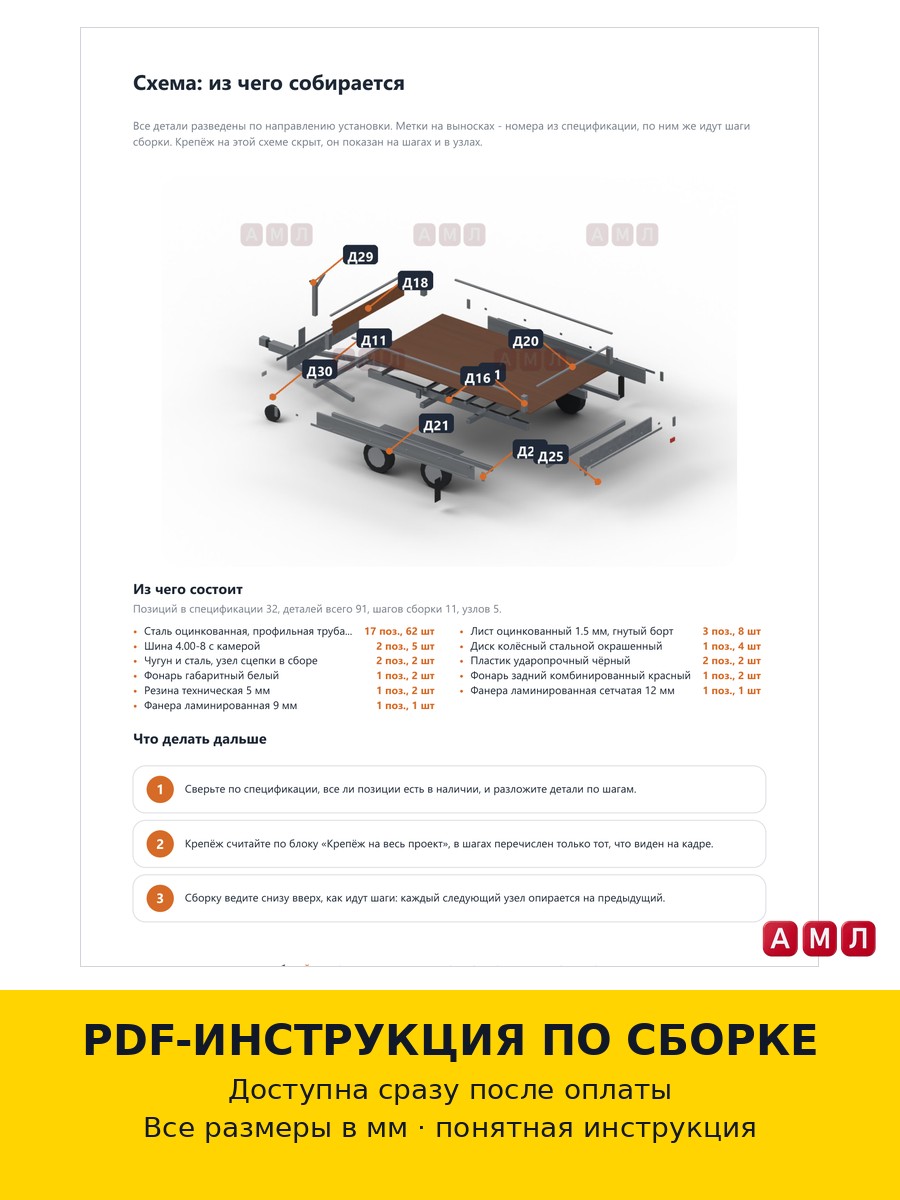 Проект чертеж авто прицеп легковой открытый грузовой двухосный для автомобиля